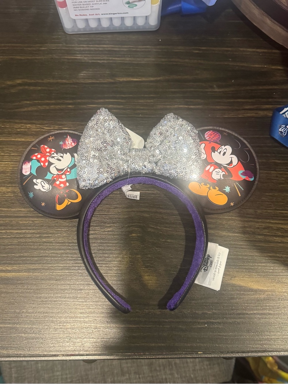 Disney Silver Sequin Minnie & Mickey Ears Headband with Purple Lining